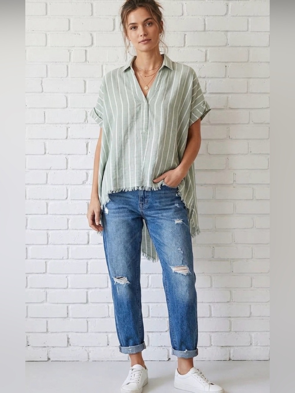 Umgee Sage Green & White Striped V-Neck Cotton blend Tunic